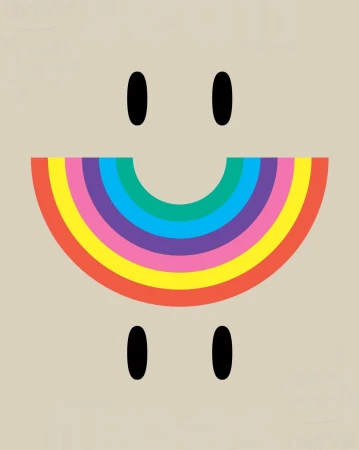 Colorful graphic art with an arched rainbow, two black dots above, and two black dots below on a beige background in vertical orientation.