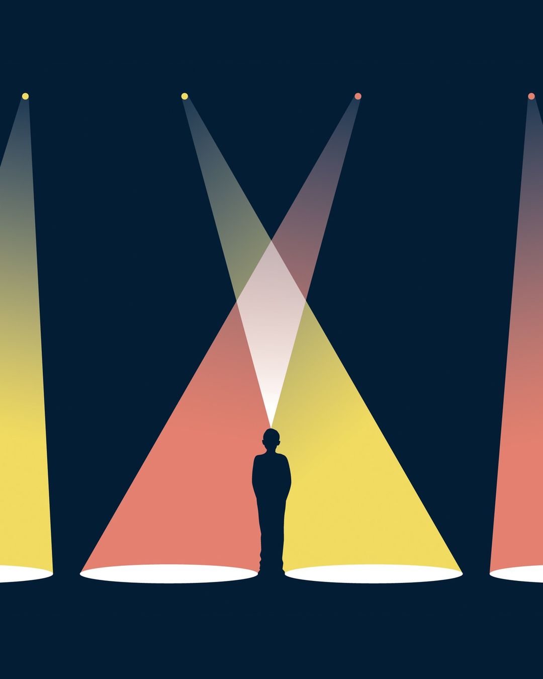 Silhouette of an individual standing beneath three spotlights casting colored light beams in a digitally created illustration.