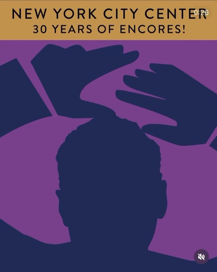 Silhouette of a person with hands above head on a purple background with the text 'New York City Center 30 Years of Encores'.