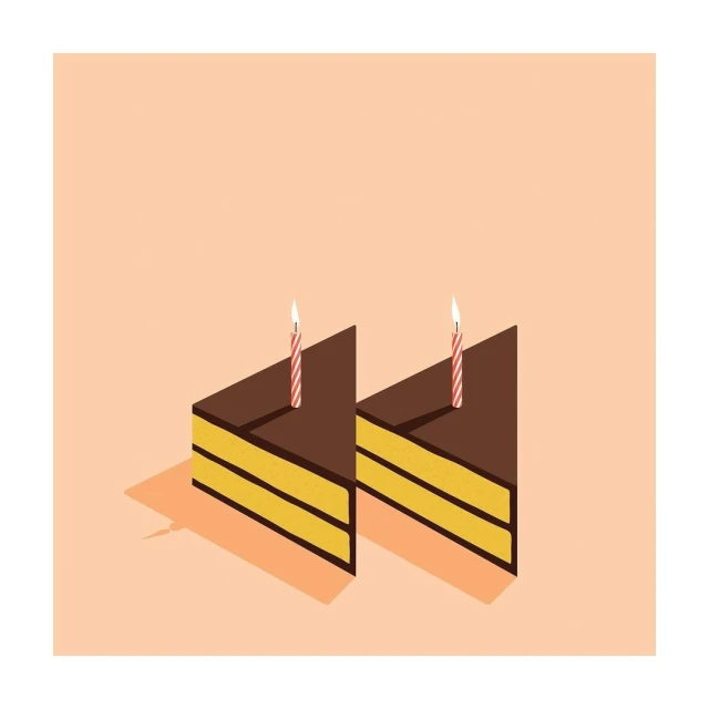 Two slices of chocolate layer cake, each topped with a lit candle, sit side by side on a peach-colored surface, casting soft shadows.