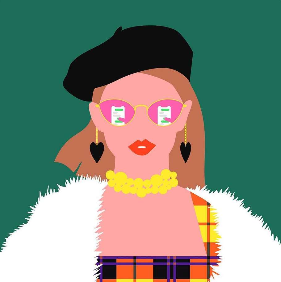 Illustration of a fashionable woman wearing a beret, sunglasses reflecting screens, a pearl necklace, and plaid clothing on a green background.