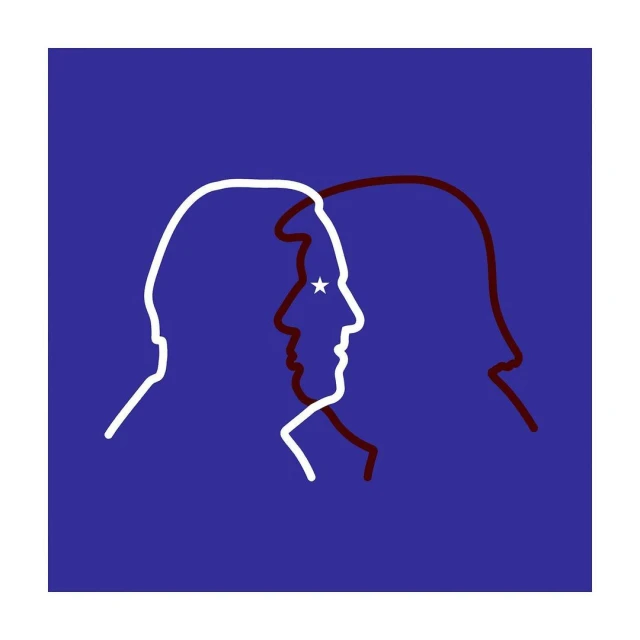 Abstract illustration with two facing line-art profiles, one in white with a star, the other in brown, against a dark blue background.