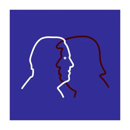 Abstract illustration with two facing line-art profiles, one in white with a star, the other in brown, against a dark blue background.