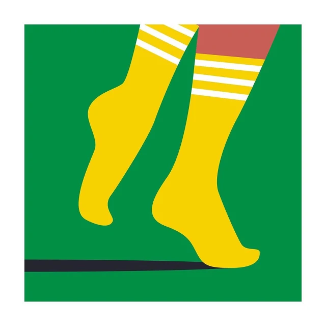 Graphic illustration of two yellow sock-clad legs stepping against a green background with a black line accent. Bold, flat color style.