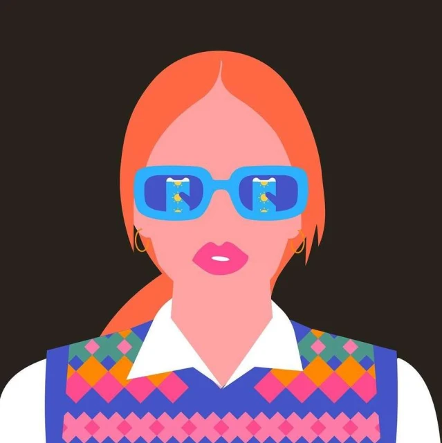 Illustration of a red-haired woman wearing blue sunglasses with a reflection of two glasses, wearing a colorful sweater.