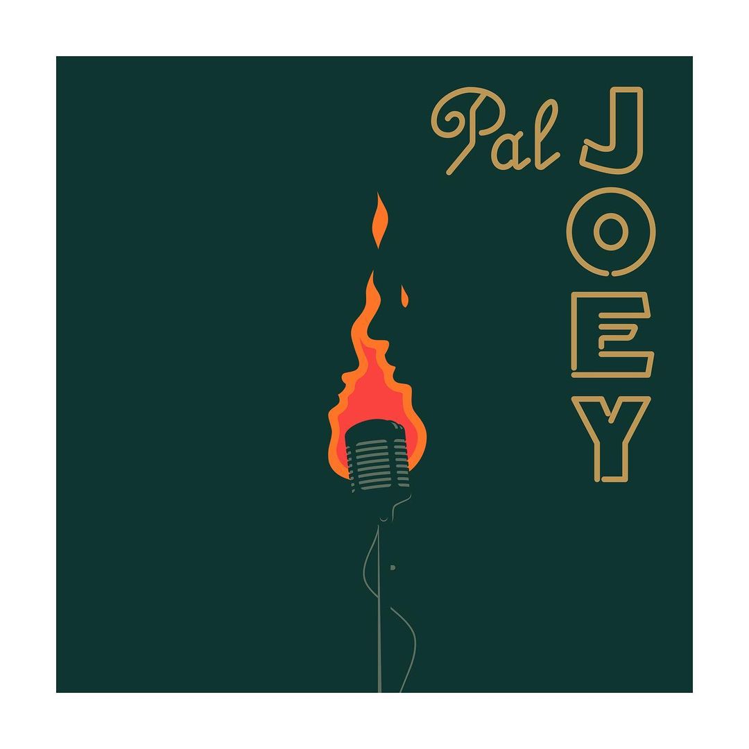 Illustration of a vintage microphone with flames and the text 'Pal Joey' on a teal background, creating a music-themed graphic.