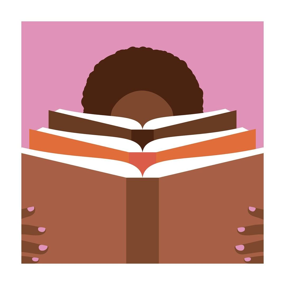 Illustration of a person with brown skin reading a stack of open books in a flat, graphic style with a pink background, showing hair and hands.