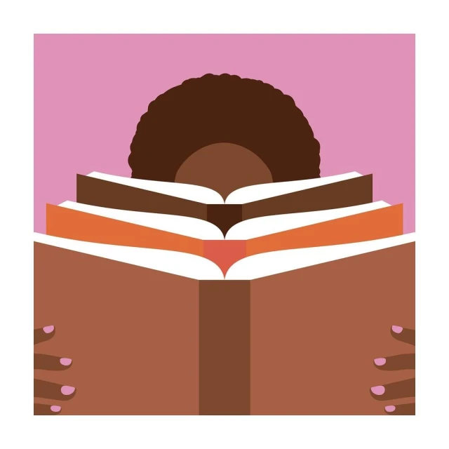 Illustration of a person with brown skin reading a stack of open books in a flat, graphic style with a pink background, showing hair and hands.