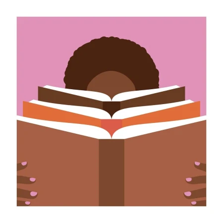 Illustration of a person with brown skin reading a stack of open books in a flat, graphic style with a pink background, showing hair and hands.