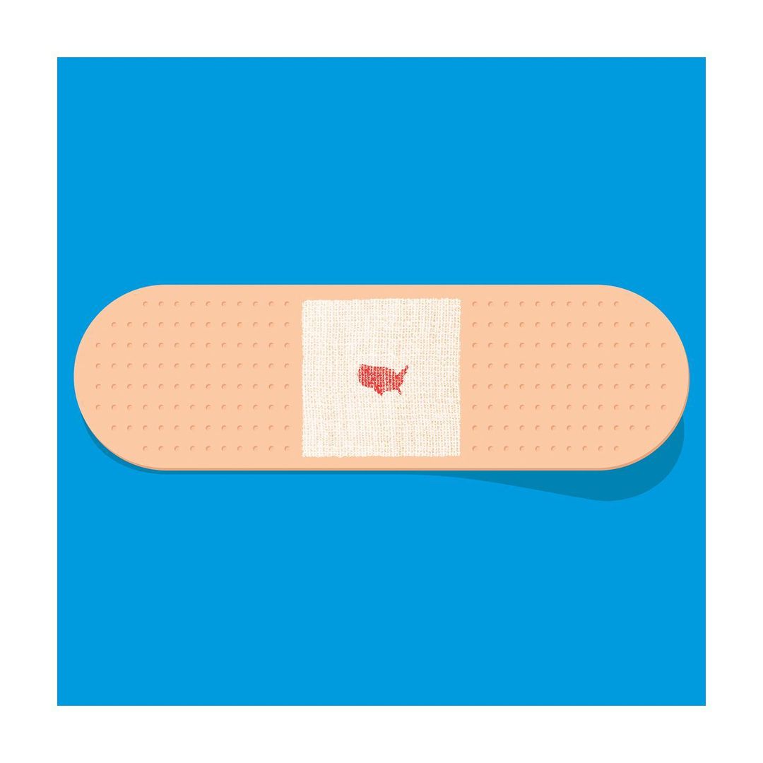 Adhesive bandage on a blue background featuring a silhouette of the USA in red on the bandage's pad, a health care concept illustration.