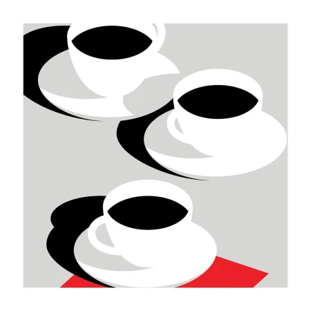 Stylized graphic art features three white cups on saucers, filled with black liquid, against a light gray backdrop with red accent.