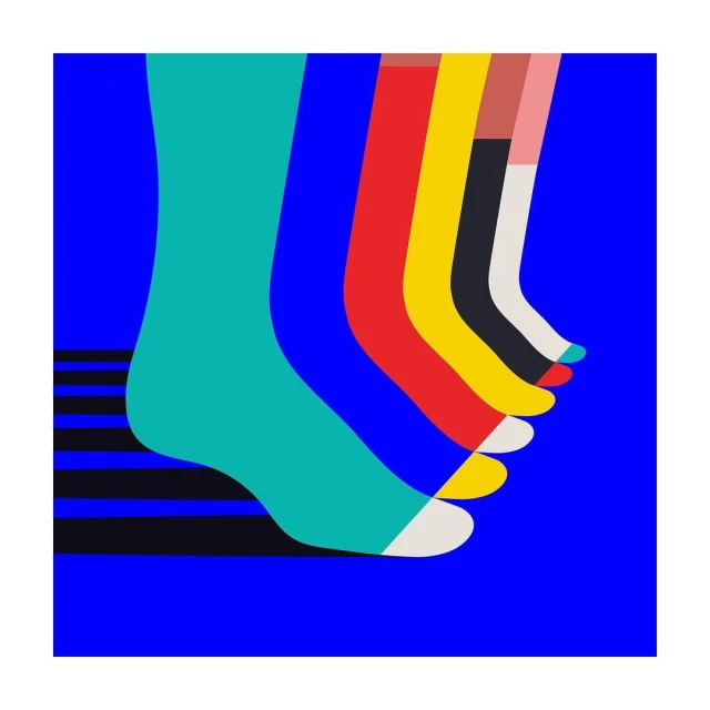 Colorful graphic art image featuring teal, red, yellow, black, and white legs against a royal blue background with black stripes.