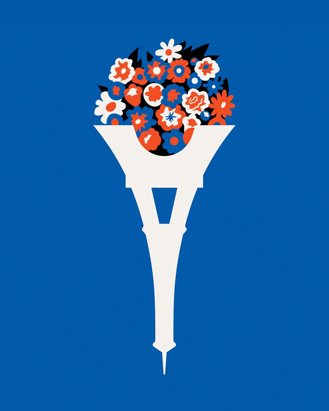 Stylized digital art graphic of Eiffel Tower base holding bouquet of orange, white, and blue flowers on a bright blue background.