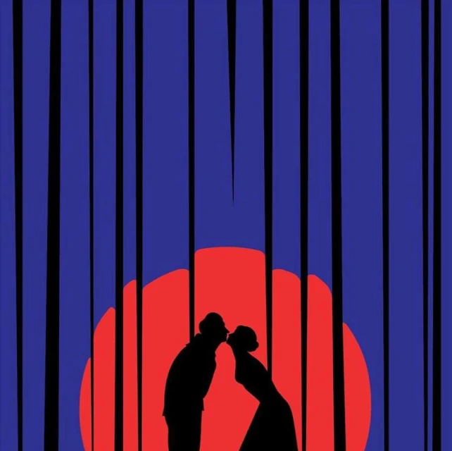 Silhouette of a couple in love sharing a kiss in front of a sunset framed by vertical stripes, creating a striking, romantic visual.