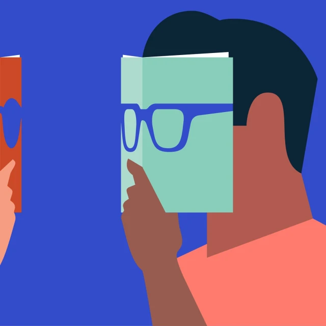 Illustration of two people reading books. One person's face is obscured by a book with glasses drawn on it, vibrant blue background.