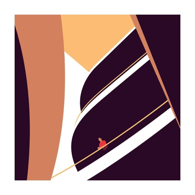 Illustration of a solitary figure in red walking on a high, thin, upward-sloping line, against geometric shapes and warm tones.