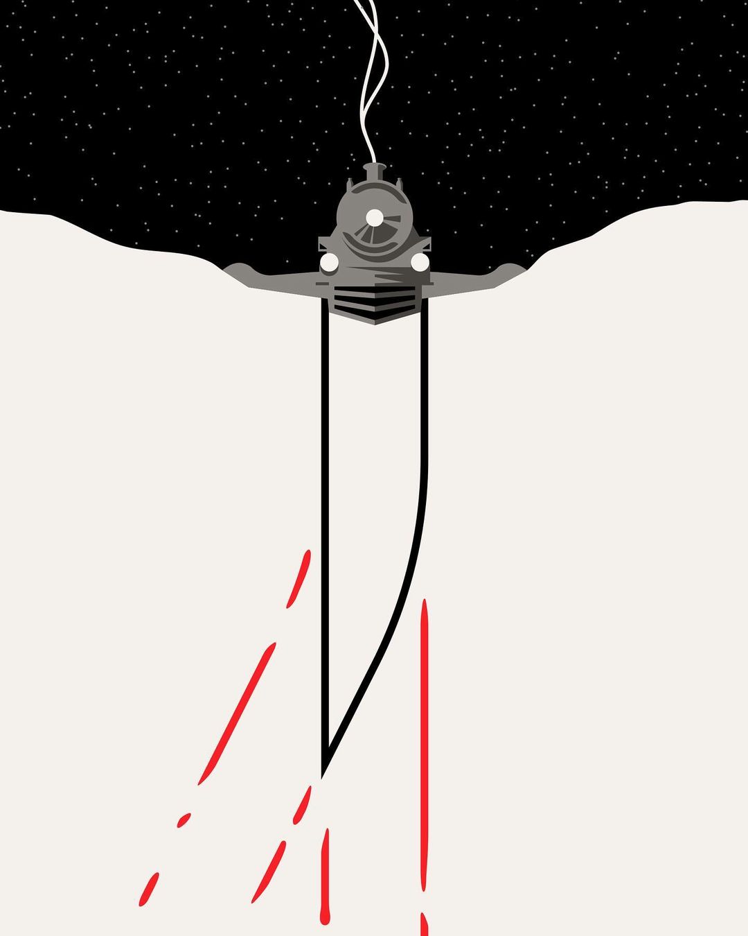 Illustration of a vintage locomotive emerging from a snowy landscape beneath a starlit night sky. The train is rendered in muted greys.