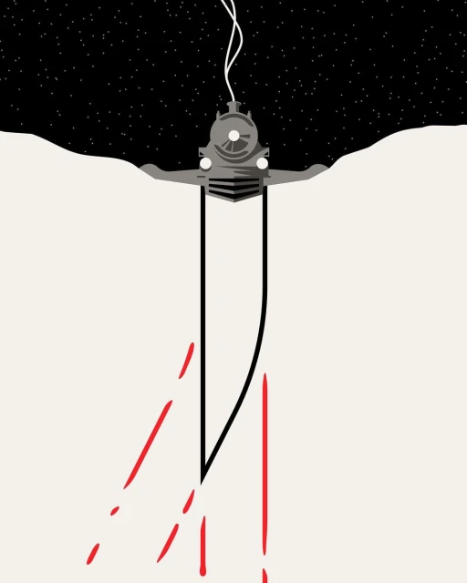 Illustration of a vintage locomotive emerging from a snowy landscape beneath a starlit night sky. The train is rendered in muted greys.