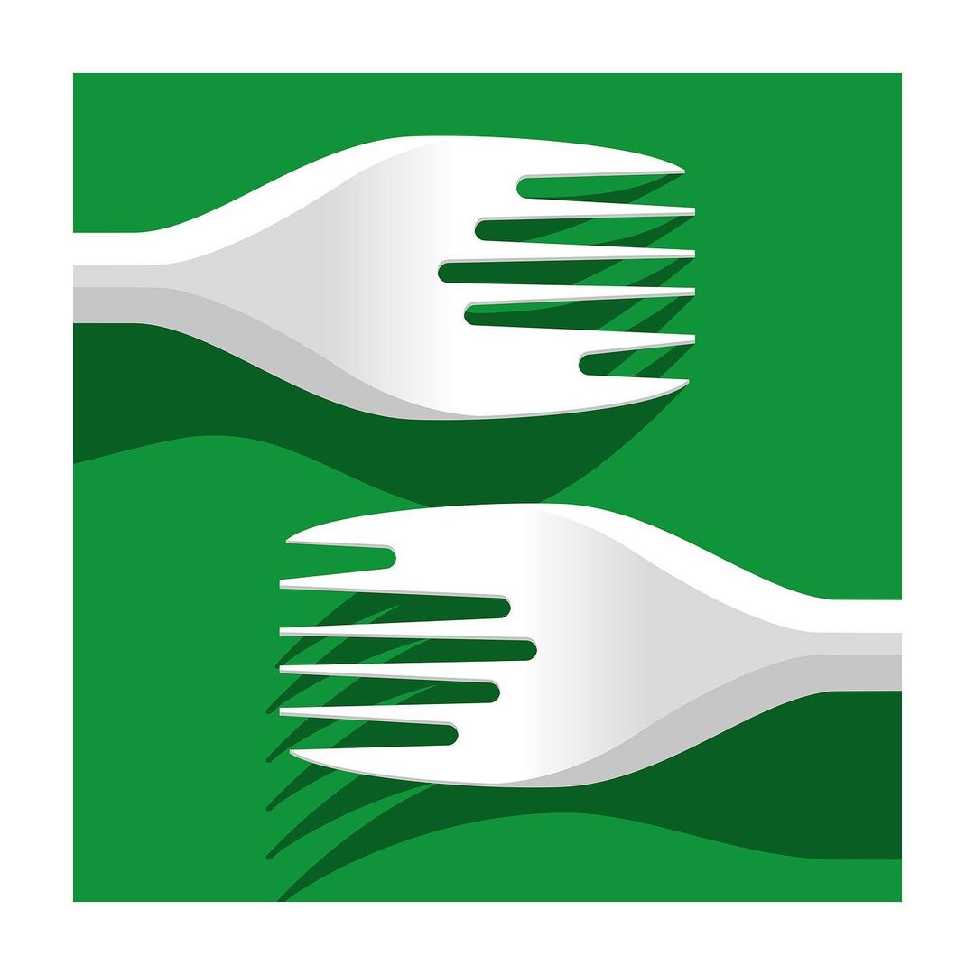 Illustration of two white forks on a green background, representing food, dining, or culinary arts, suitable for restaurant or food service.