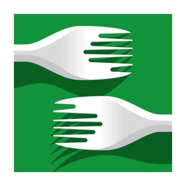 Illustration of two white forks on a green background, representing food, dining, or culinary arts, suitable for restaurant or food service.
