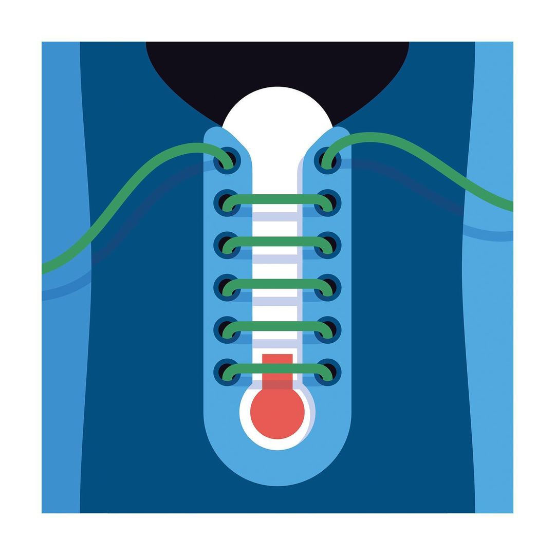 Close-up vector illustration of blue shoe with green laces, featuring a central white stripe and a red circle at the bottom.