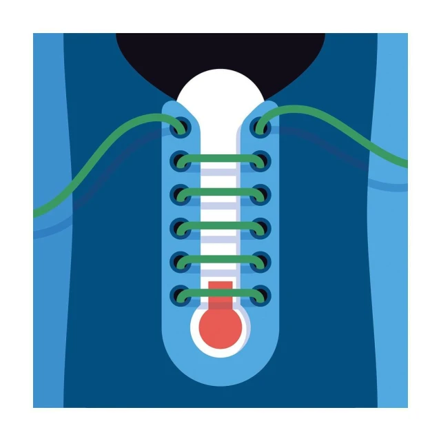 Close-up vector illustration of blue shoe with green laces, featuring a central white stripe and a red circle at the bottom.