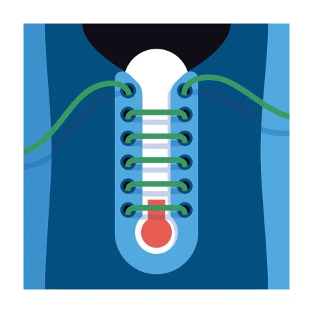 Close-up vector illustration of blue shoe with green laces, featuring a central white stripe and a red circle at the bottom.