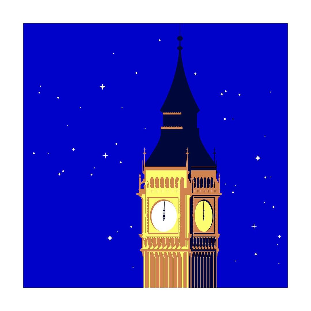 Illustration of the Elizabeth Tower in London, England at night, showing the clock face illuminated against a dark blue starry background.