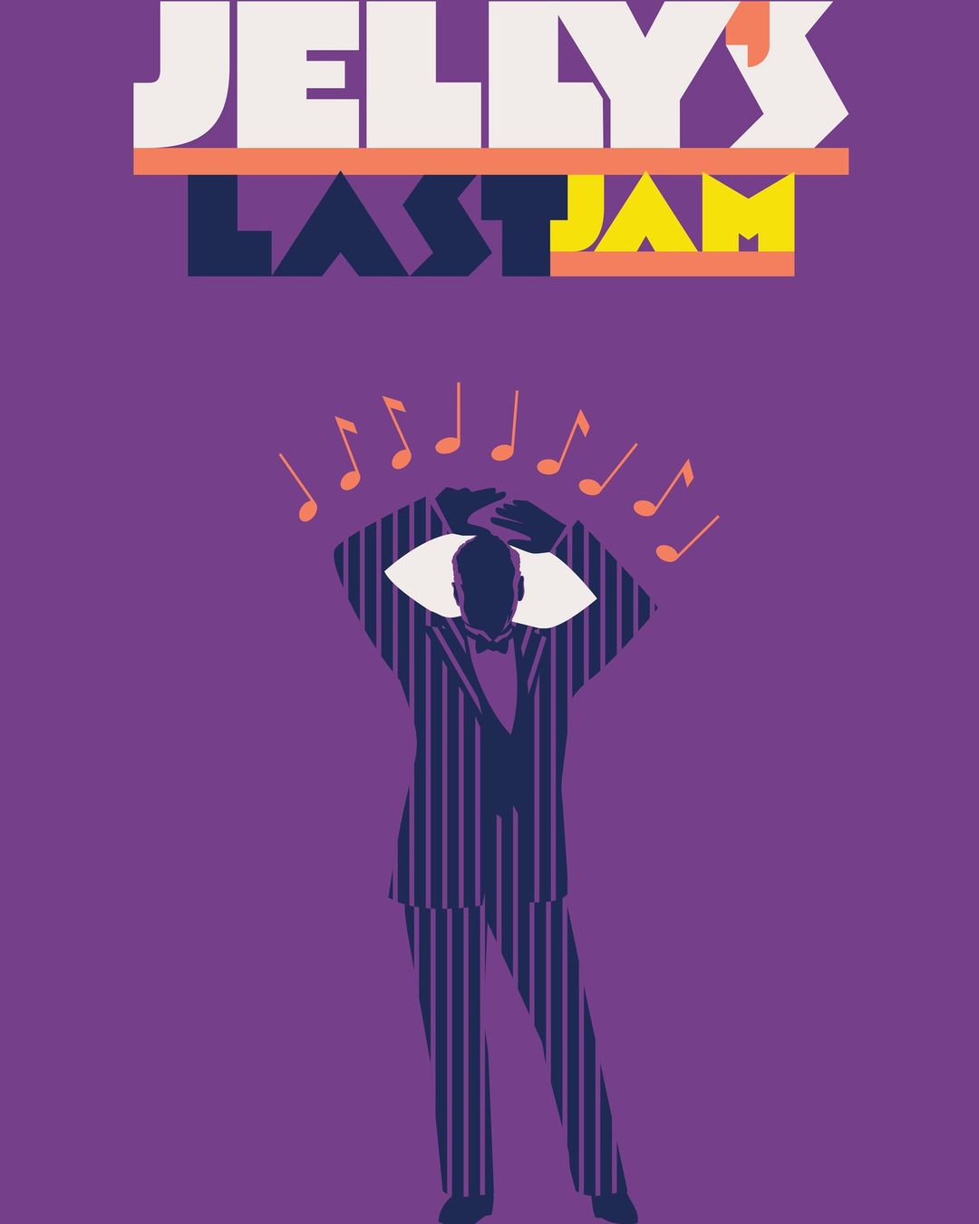 Illustration of a bald man in a striped suit with music notes overhead against a purple background, advertising 'Jelly's Last Jam'.