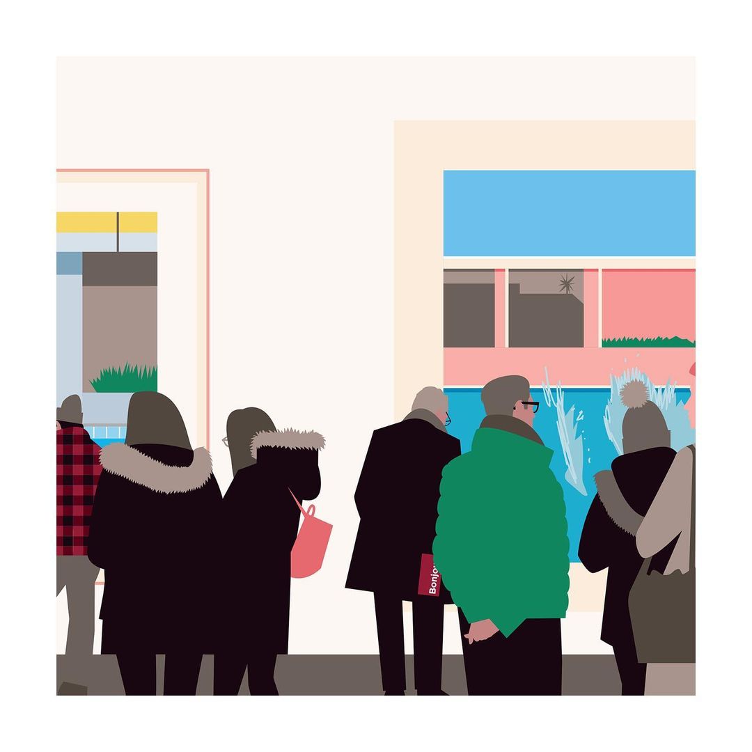 Illustration by Ben Wiseman featuring a group of people viewing art pieces on a gallery wall