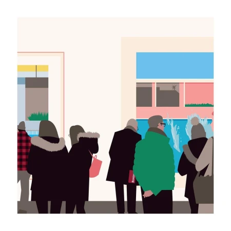 Illustration by Ben Wiseman featuring a group of people viewing art pieces on a gallery wall