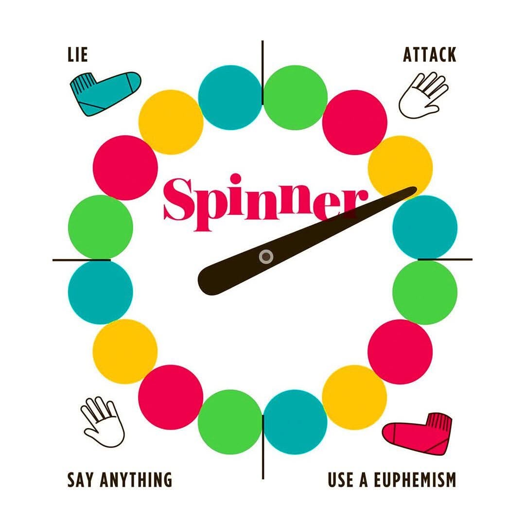 Illustration of a spinner from a game with text and colorful circles around the outer edge, and an arrow pointing to the center.