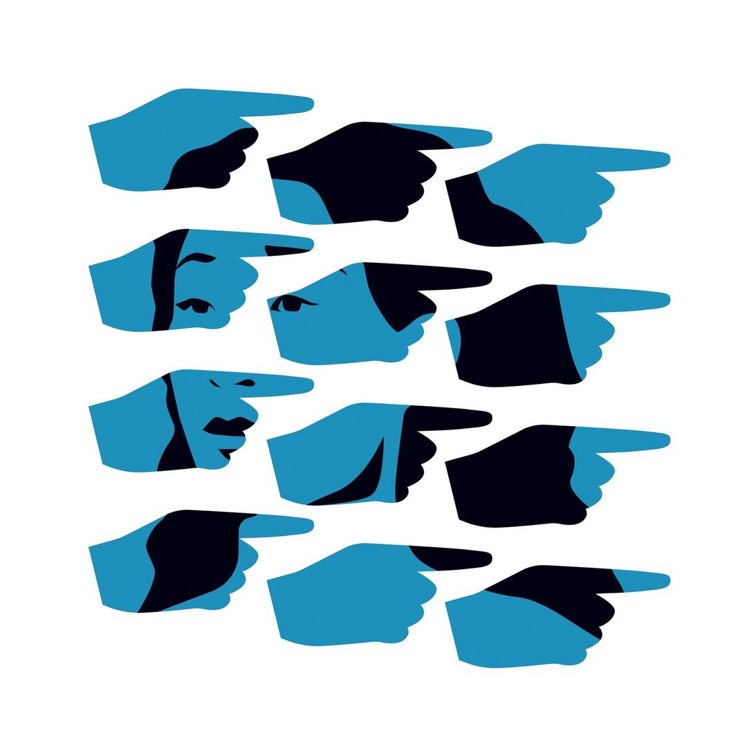 Illustrated hands pointing to the right in a repeating pattern against a white background with a flat, two-tone color palette.