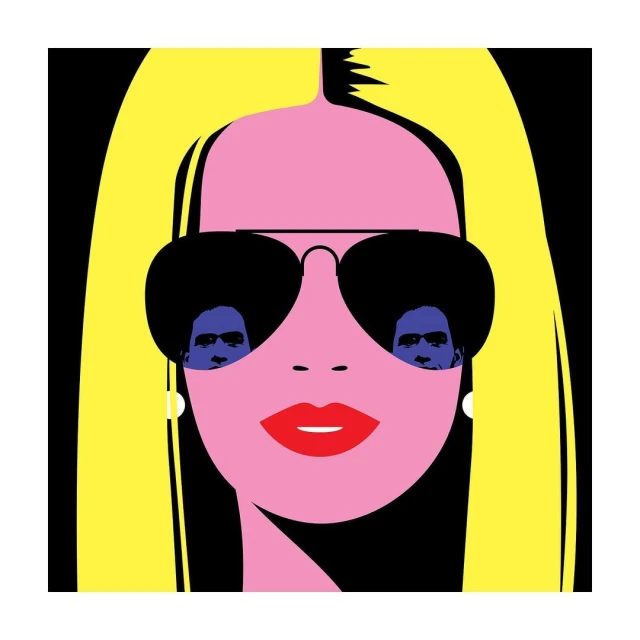 Pop art style portrait of a blonde woman with sunglasses reflecting faces, against a black and white geometric background.