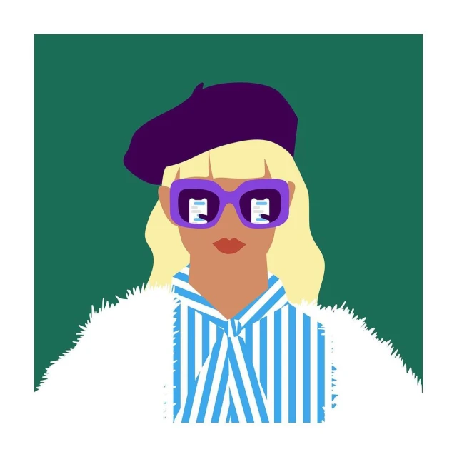 Illustration of a blond woman wearing a beret, sunglasses, and a striped shirt, against a green backdrop and framed in white.