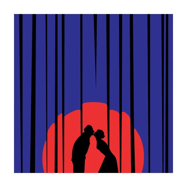Silhouette of couple kissing against a vibrant red sun and blue backdrop with black vertical stripes suggesting tall grass.