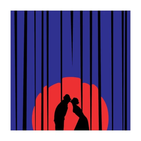 Silhouette of couple kissing against a vibrant red sun and blue backdrop with black vertical stripes suggesting tall grass.