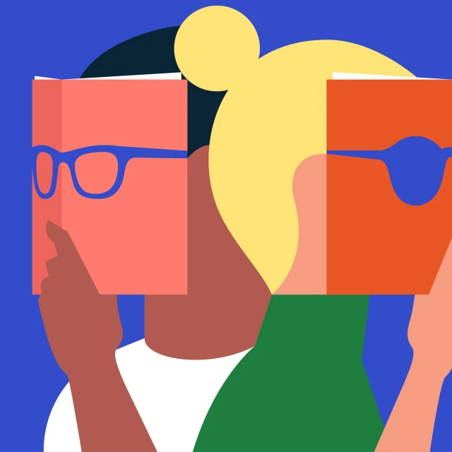 Illustration of two figures partially obscured by books with eyeglasses, rendered in a flat, geometric style on a blue backdrop.