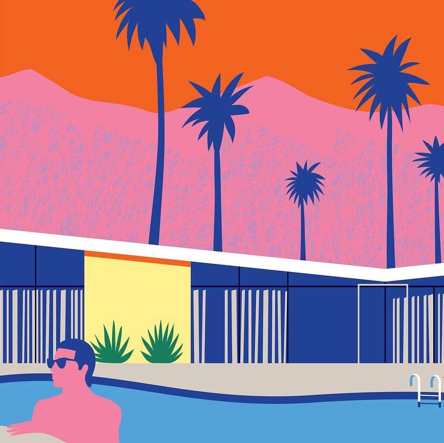 Illustration of a man in a pool by a building, with palm trees and mountains in the background against an orange and pink sky.