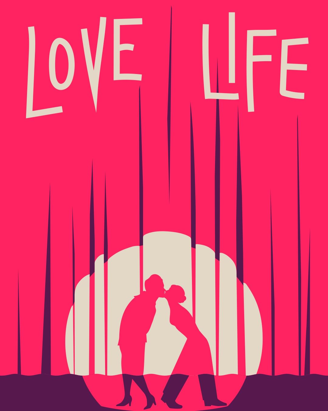 Illustration of a silhouetted couple kissing in front of a bright light, with text 'LOVE LIFE' on a vibrant pink background.