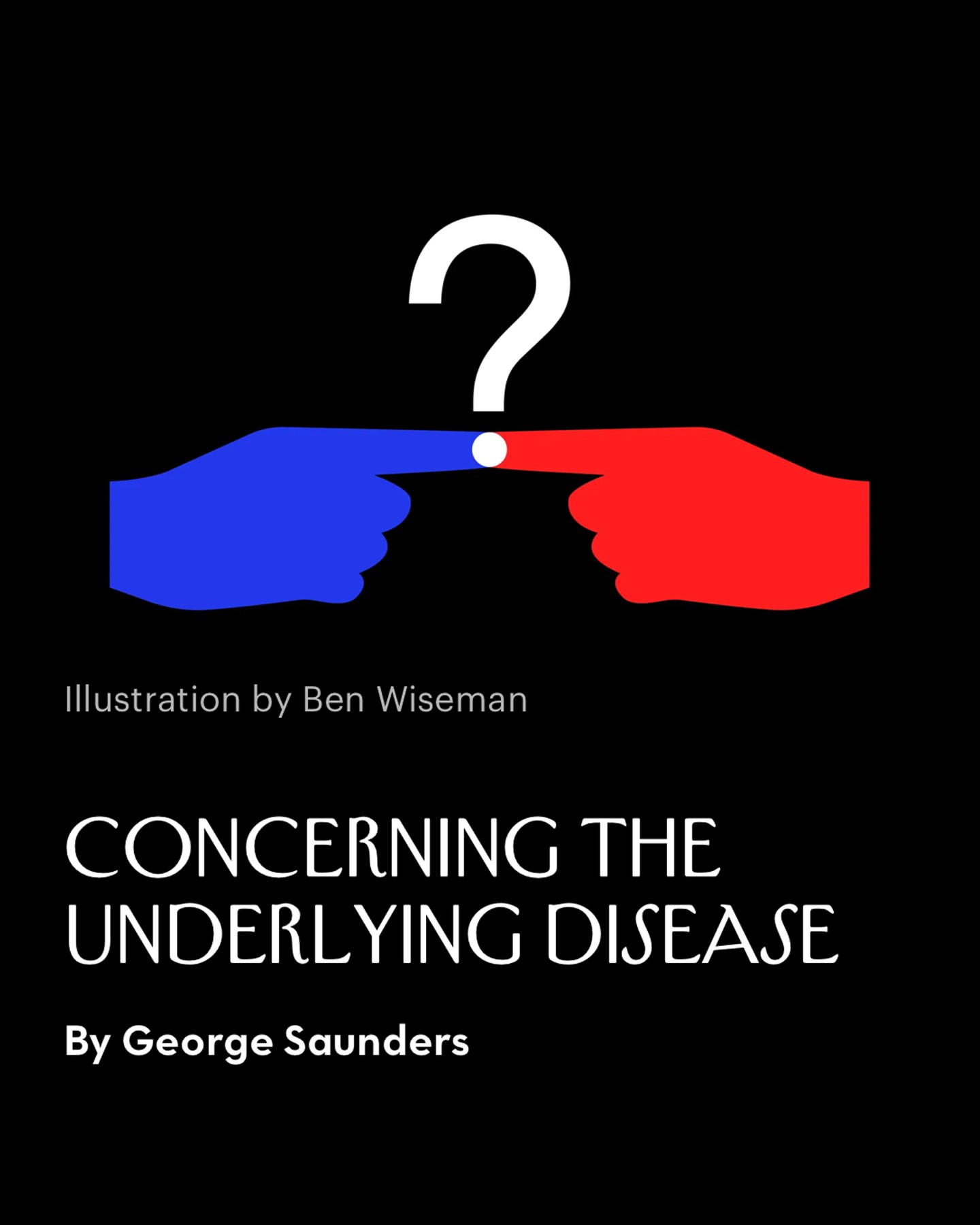Illustration of a white question mark above two fingers pointing toward each other on a black background. Book or magazine cover.