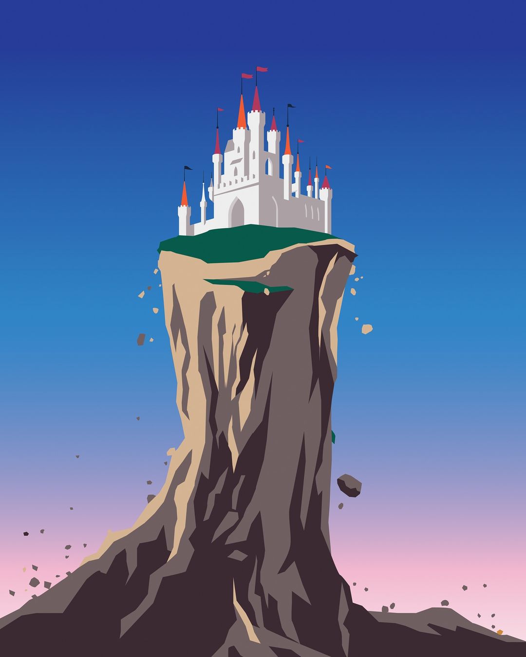 Illustration of a white castle with red flags on top of a large rocky cliff against a blue and pink gradient sky background.