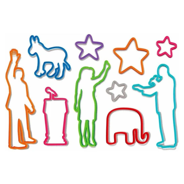 Political icons made from rubber bands: silhouettes of people, a donkey, an elephant, and stars in bright colors on a white backdrop.