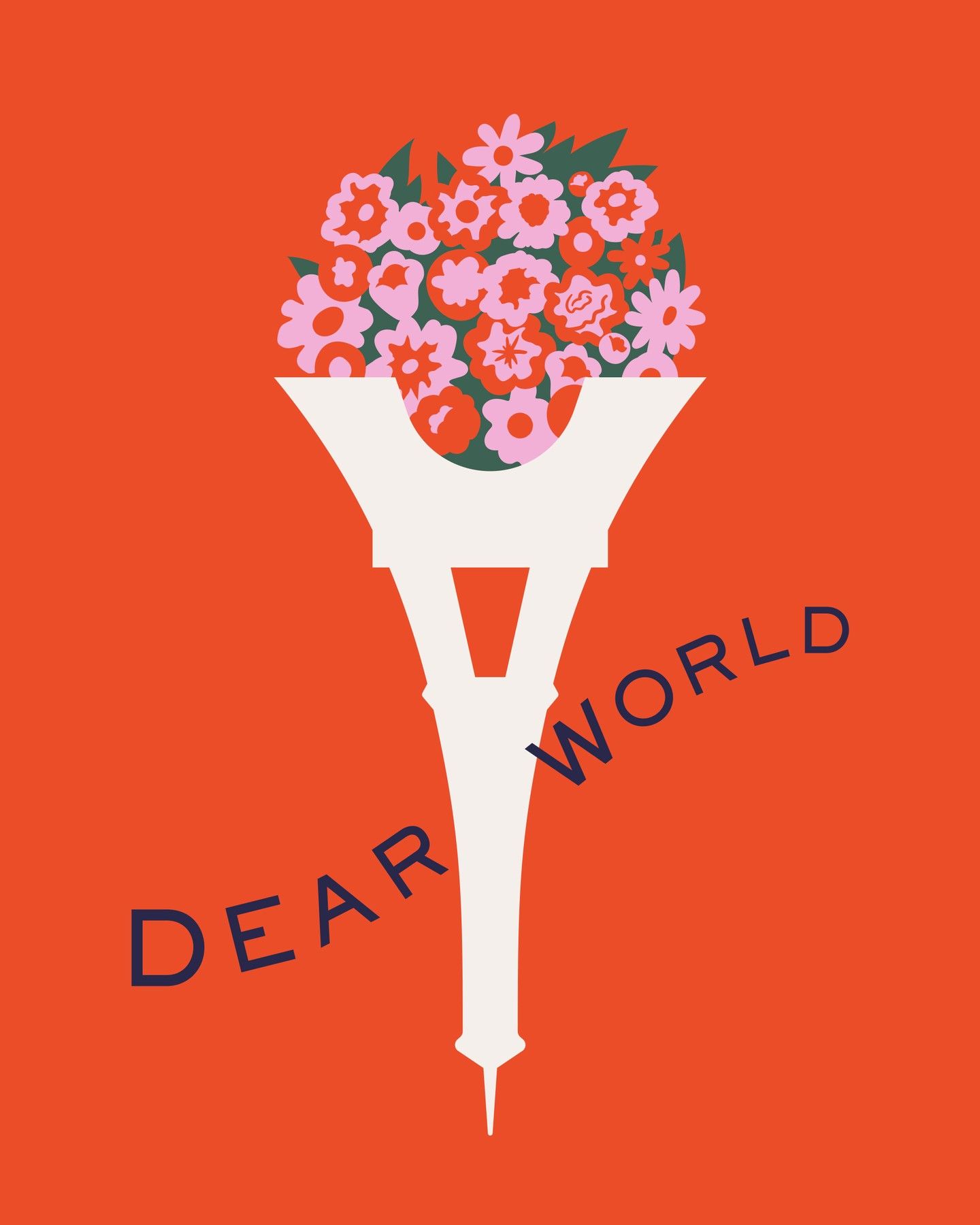 Graphic design illustration with bouquet of flowers in a vase shape on a red background and the words "Dear World" at an angle.
