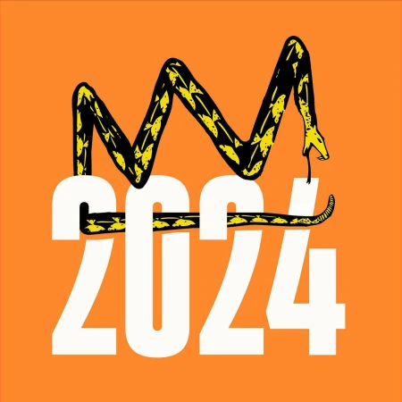 Illustration of 2024 with a snake winding around the numbers on an orange background. The snake is black and yellow.