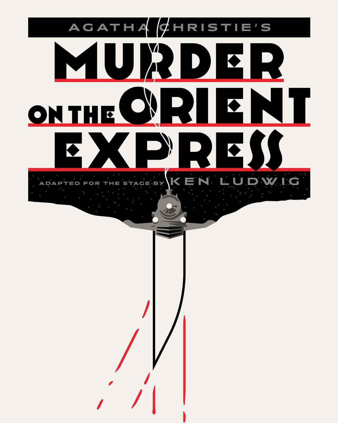 Poster art for 'Murder on the Orient Express' theatre production featuring bold typography and a train graphic in black, red, and white.