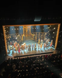 High-angle view of a theatre stage with a large cast taking a curtain call while the audience applauds from the seats below.