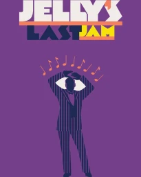 Digital illustration of a man in a pinstripe suit posing with hands on head under musical notes against a purple background