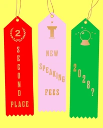 Three vertical ribbon tags in red, pink, and green hanging against a solid yellow background by string loops