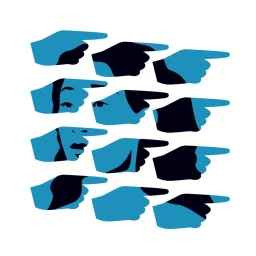 Digital illustration by Ben Wiseman featuring a repeating pattern of stylized pointing hands and faces in blue and black.